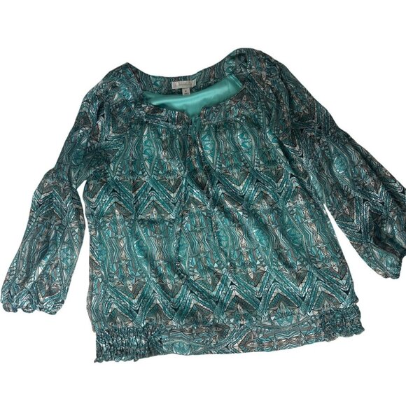 Dressbarn Womens Top Medium Geometric Print Boho Long Sleeve Blouse Wearable Art - Picture 1 of 5